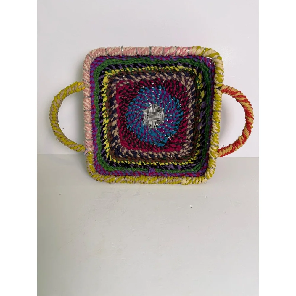 Handmade Multi Color Woven Fabric Wire Square Basket with Handles‎ Boho Folk Art
